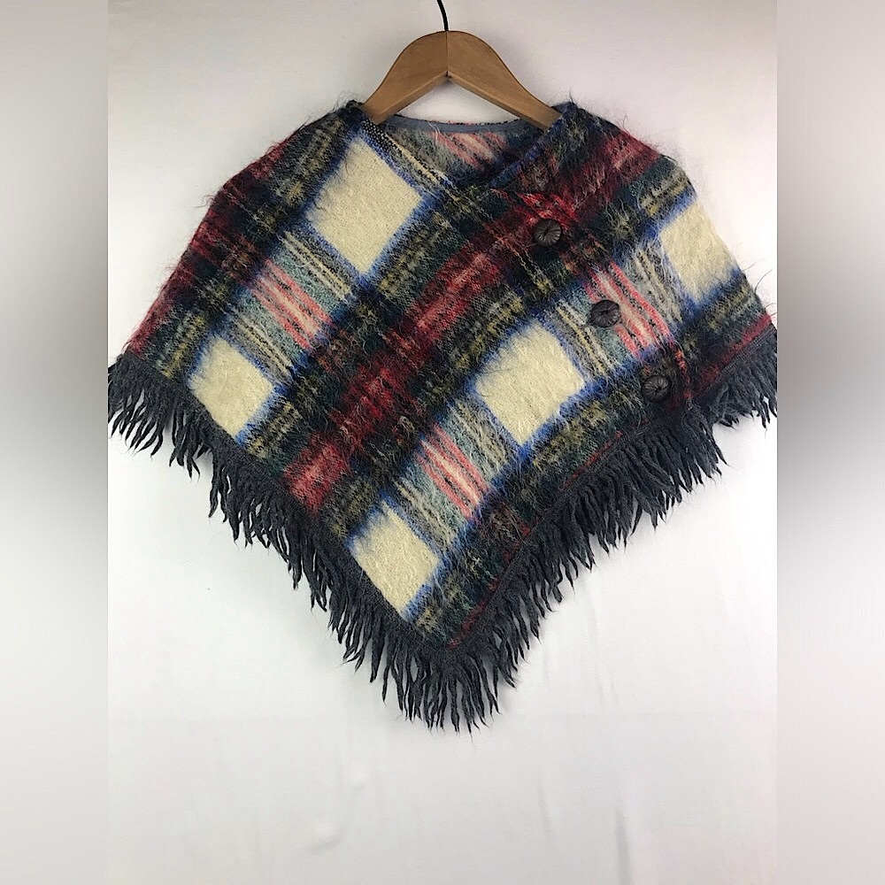 Vintage Andrew Stewart Scottish Plaid Wool Mohair Cape Shawl One Size Red Green